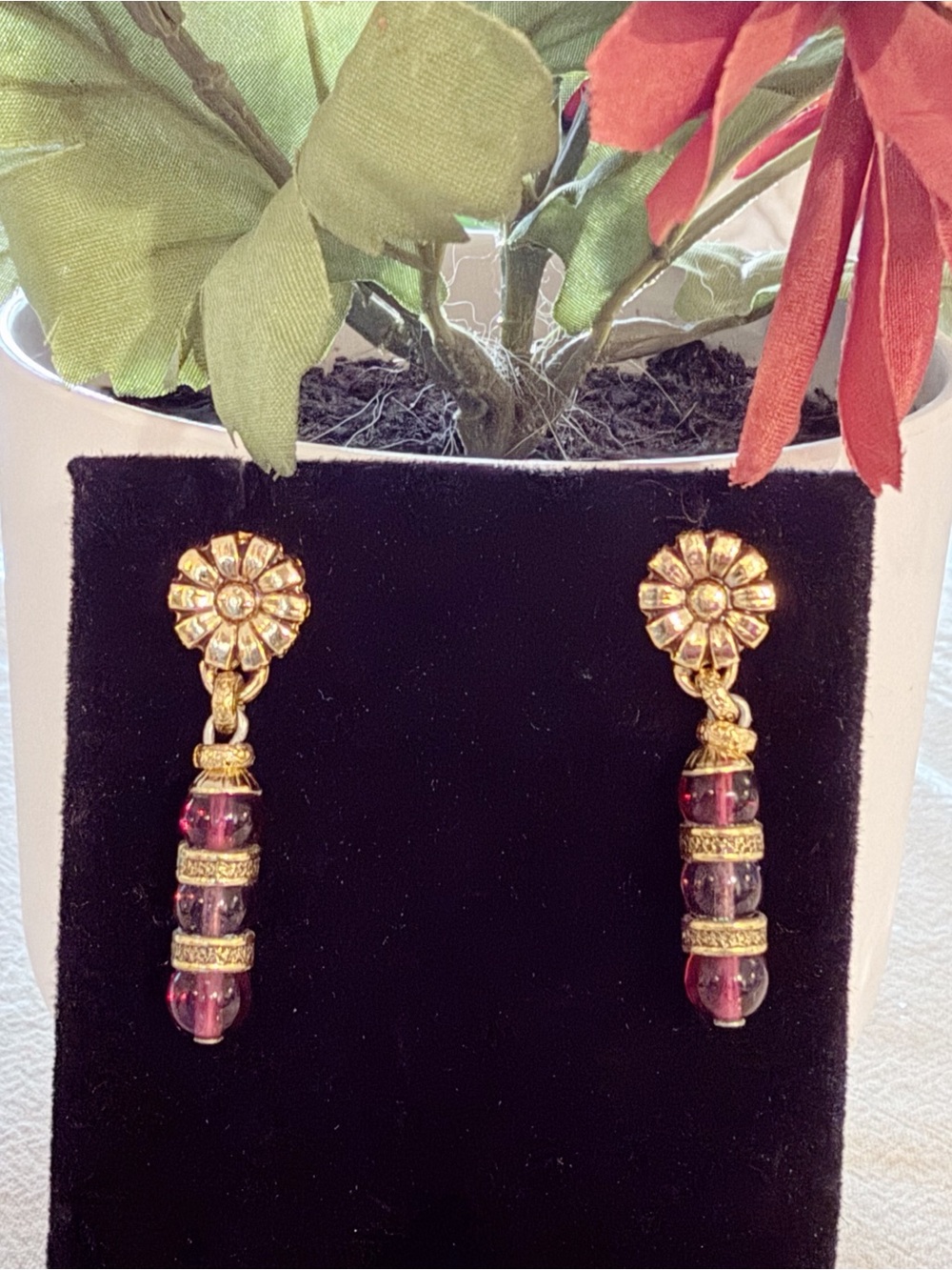 DEXTER WILSON  Gold Tone Floral Dangle Earrings with Auburn Beaded Drops